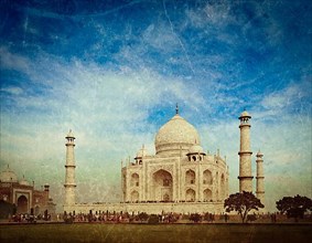 Vintage retro hipster style travel image of Taj Mahal. Indian Symbol