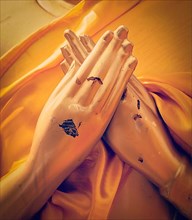 Vintage retro effect filtered hipster style travel image of Buddha statue hands in Vajrapradama Mudra of Unshakable Self Confidence. Wat Phra That Doi Suthep