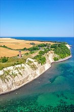 Aerial view of Cape Arkona on the island of Ruegen at the Baltic Sea with lighthouse and chalk cliffs in Cape Arkona