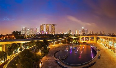 Tracel background panorama of Singapore skyline illumintaed in the evening twilight