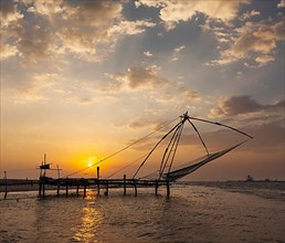 Kochi chinese fishnets on sunset. Fort Kochin