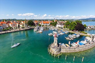 City on Lake Constance marina harbour travel from above in Lindau