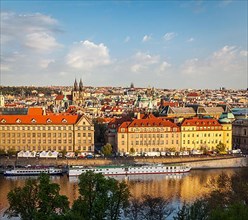 Aerial view of Prague and Vltava river on sunset