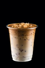 Coffee with ice in take away cup isolated on black background