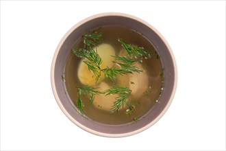 Chicken bouillon with egg isolated on white background