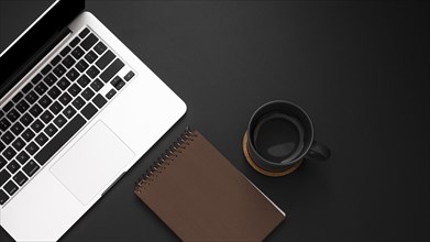Flat lay desktop with laptop cup coffee