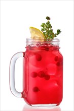 Cold cranberry and lemon lemonade in mason jar isolated on white background