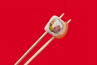 Holding roll with salmon and tuna on chopsticks