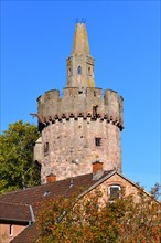 Watch and prison tower called Roter Turm that belonged to old city wall surrounding the town Weinheim in Germany