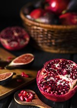 High angle autumn figs pomegranate