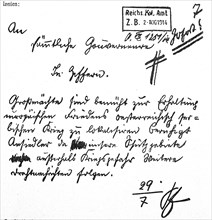 The telegram of the State Secretary in the Reichskolonialamt Dr. Golf at the outbreak of war on 2 August 1914
