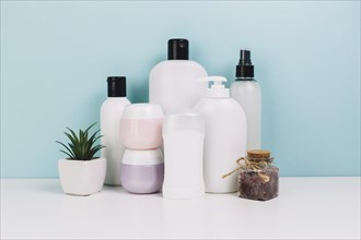 Cosmetics jars and bottles near plant