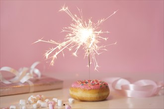 Front view birthday donut with lit sparkler