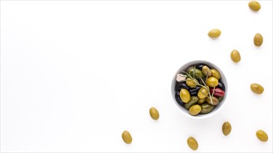 Top view assortment olives bowl with copy space. Resolution and high quality beautiful photo