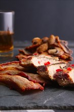 Soft focus photo of fried fillet with mushrooms and slices of bacon