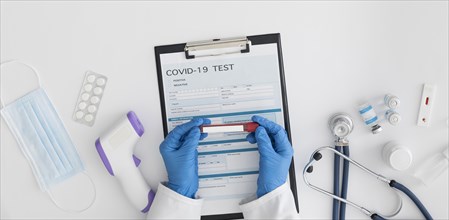 Top view doctor checking covid test. Resolution and high quality beautiful photo