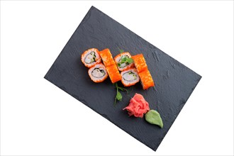 Rolls with salmon and caviar isolated on white background