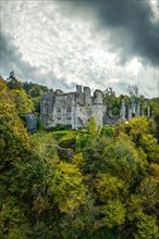 Autumn Panorama over Berry Pomeroy Castle from a drone
