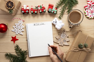 Christmas list mock up wooden background