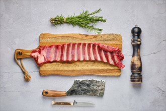 Overhead view of raw fresh deer ribs with spice and herb over concrete background