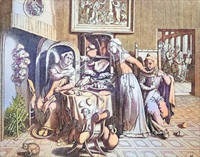 The nuns' piety is gluttony and lust. Satirical copperplate engraving of convent life in the 17th century