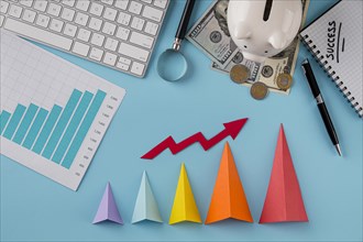 Top view business items with growth chart colored cones. Resolution and high quality beautiful photo