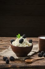 Dairy product cottage cheese and milk in brown ceramic bowl with spoon on wooden table