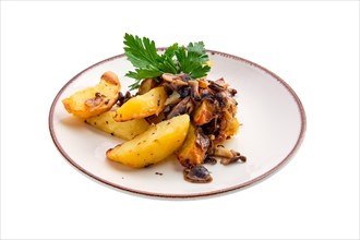 Fried potato with mushrooms and onion isolated on white background