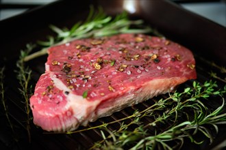 Raw steak with spices on grilling pan with rosemary
