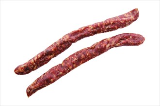 Top view of sun-dried pork sausage isolated on white background