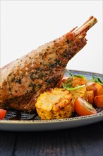 Close up view of roaster turkey leg with fried pumpkin and grilled corn decorated with tomato