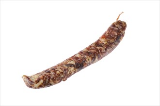 Top view of smoked dried pork sausage isolated on white background