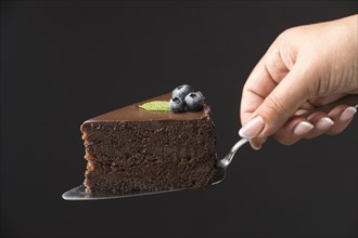 Front view hand holding chocolate cake slice