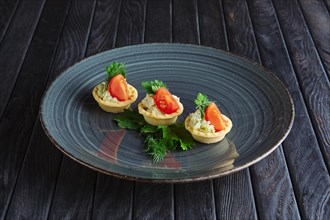 Appetizer for reception. Tartlet with mashed potato
