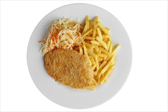 Top view of escalope with french fries and cabbage isolated on white