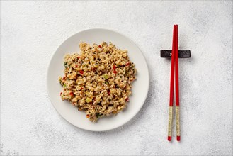 Top view rice with vegetables plate chopsticks. Resolution and high quality beautiful photo