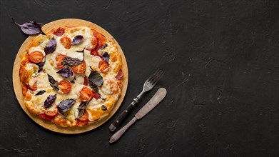 Flat lay delicious pizza concept with copy space