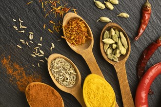 Top view indian spices with wooden spoons 1. Resolution and high quality beautiful photo