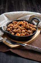 Cast iron skillet with fried champignon with spice