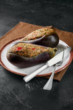 Semifinished eggplant stuffed with minced meat with spice on dark background
