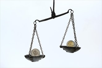 Weighing pan with francs and euro coins