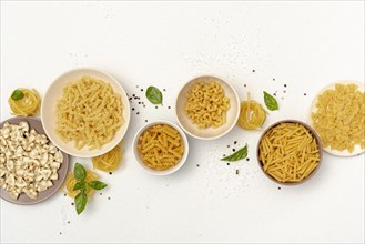 Top view bowls with different types pasta. Resolution and high quality beautiful photo
