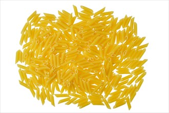 Overhead view of penne pasta isolated on white background