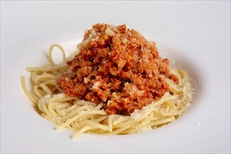 Closeup view of spaghetti with fried ground-meat