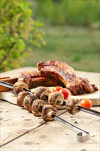 Grilled ribs and champignon on skewer served with fresh cucumber and tomato on wooden table outdoor