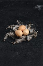Three guinea fowl eggs in metal bowl