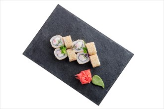 Rolls with salmon and sesame isolated on white background
