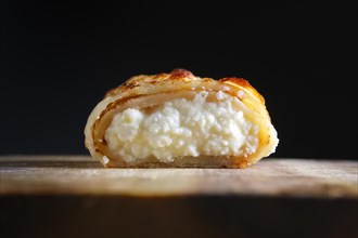 Closeup view of pancake with cottage cheese section