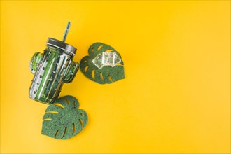 Cactus shape jar with ice cubes artificial monstera leaves yellow background