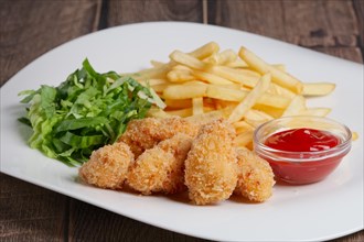 Plate with chicken fillet in breading with french fries and green salad
